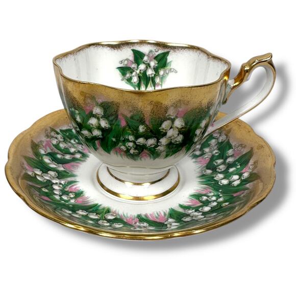 Vintage Queen Anne Lily of The Valley Cup and Saucer White Heavy Gold Gilt China - Picture 1 of 11